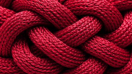 A macro view of a thick, deep red rope woven into a tight, complex knot. The highlights the detailed, fibrous texture of the braided strands, creating a repeating, rhythmic pattern of loops.