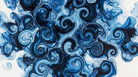 Dynamic abstract fluid with swirling dark navy and light blue ink patterns. The complex marbled texture is displayed against a clean white background surface.