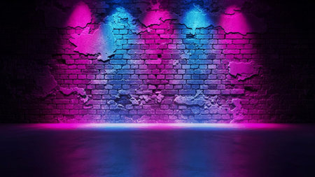 A weathered brick wall textured with patches of plaster, illuminated by five alternating pink and blue spotlights. The light reflects onto a dark, smooth concrete floor, creating a moody atmosphere.
