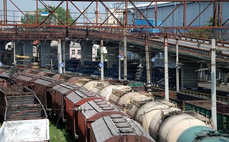 Railway tanks for mineral oil and other cargoes at stationの写真素材