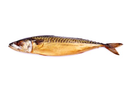 The whole smoked mackerel on a white backgroundの写真素材