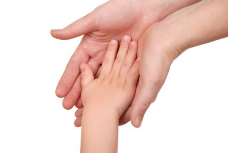 Mommy and her child hand isolated on whiteの写真素材