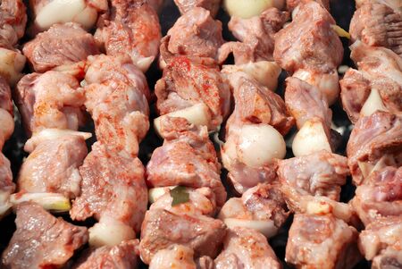 Fresh meat slices with sauce ready to cook on fireの写真素材