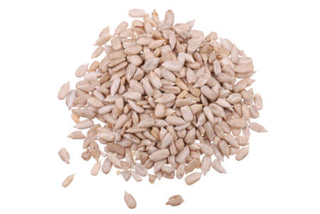 Handful of sunflower seeds isolated on whiteの写真素材