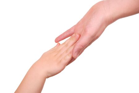 Mommy and her child hand isolated on whiteの写真素材