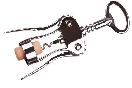 Corkscrew with a stopper isolated on white