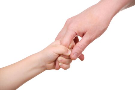 The child holds mum for a finger isolated on whiteの写真素材