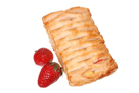 One fresh bun and strawberry isolated on whiteの写真素材