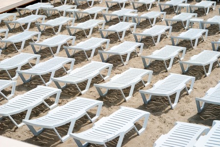 Area of a beach for comfortable rest with chaises longueの写真素材