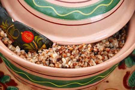 Buckwheat cereal in traditional potteryの写真素材