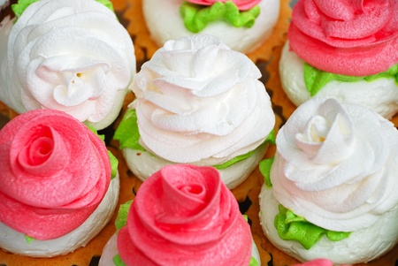 Background from sweet cakes with decorationの写真素材