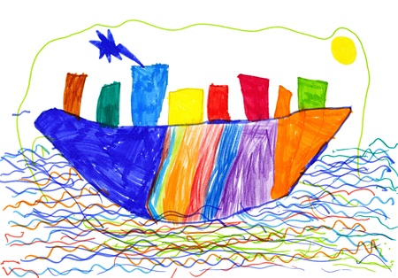 city on ship and sea children's drawing.の写真素材