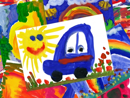 painted car with illustration collageの写真素材