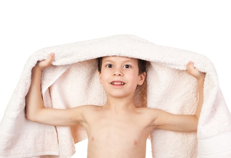 boy under towel の写真素材