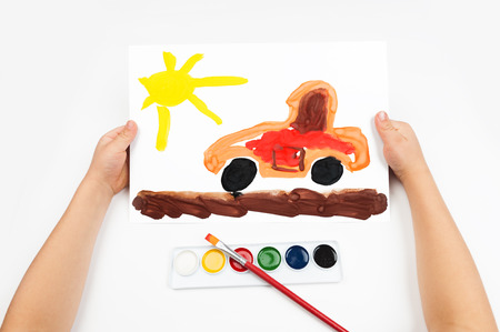 Child draws the car watercolorsの写真素材