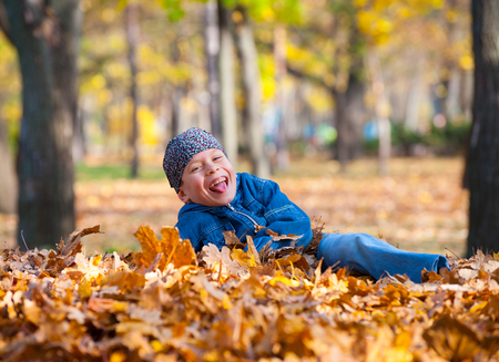 boy lies on yellow leaves in autumn parkの写真素材
