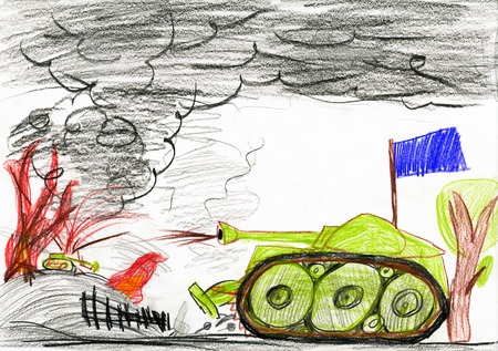 tank in war battle. child drawing.の写真素材