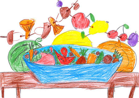 set of fruits and vegetables, illustration, pencil drawing on paperの写真素材