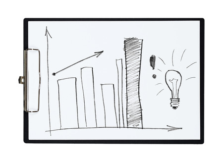 Clipboard and paper sheet with pencil drawing bar chart, isolated objectの写真素材