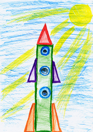space rocket at launch, children drawing object on paper, hand drawn art pictureの写真素材