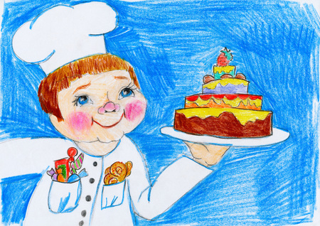 cook and cake, child drawing on paper, birthday and holiday conceptの写真素材