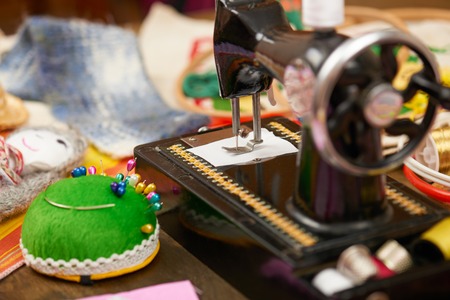 sewing accessories top view, seamstress workplace, many object for needlework, embroidery, handmade and handicraftの写真素材