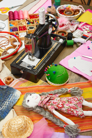 sewing accessories top view, seamstress workplace, many object for needlework, embroidery, handmade and handicraftの写真素材