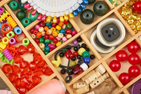 set of accessories and jewelry to embroidery, haberdashery, sewing accessories top view, seamstress...