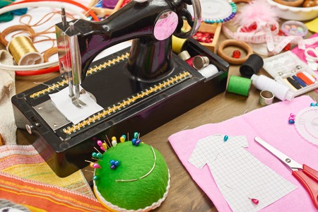 sewing accessories top view, seamstress workplace, many object for needlework, embroidery, handmade and handicraftの写真素材