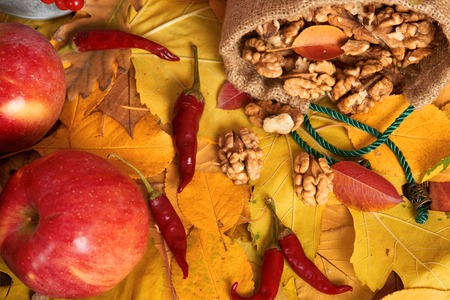 autumn harvest - fruits and vegetables are on fallen yellow leaves, nuts, apples, pumpkins, rowan...