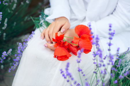 young woman with poppy is in the lavender flower field, beautiful summer landscapeの写真素材