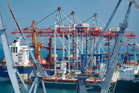 Industrial port in Odessa city, Ukraine, May 4, 2019 - Infrastructure of seaportのeditorial素材