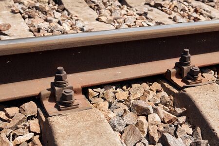 railway rails close view - abstract background, freight transportation conceptの写真素材