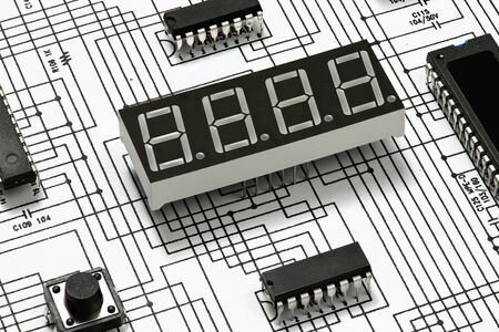 macro of digital display, chip, electronic components, circuit diagram, computer equipment and...