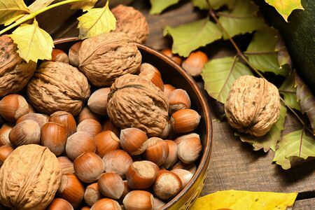 Fruits and vegetables with apples, corn, nuts, berries - autumn harvest and healthy food concept....