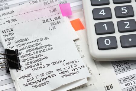 cash registers purchase receipt, calculator and financial reports, analysis and accounting, various...