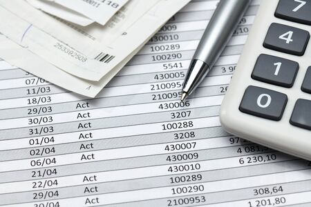 cash registers purchase receipt, calculator and financial reports, analysis and accounting, various...