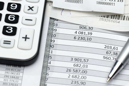 cash registers purchase receipt, calculator and financial reports, analysis and accounting, various...