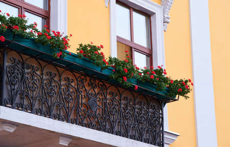 yellow wall and balcony decorated with flowers in the cityの写真素材