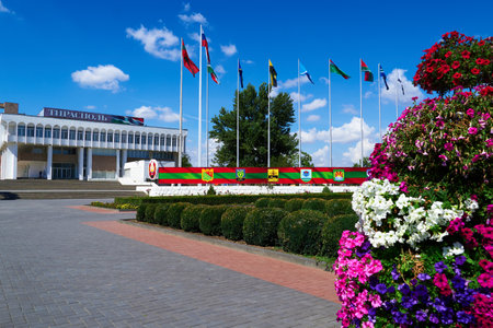 Tiraspol, Transnistria, Moldova - August 25, 2020: downtown, the state flags, central square and public buildingのeditorial素材
