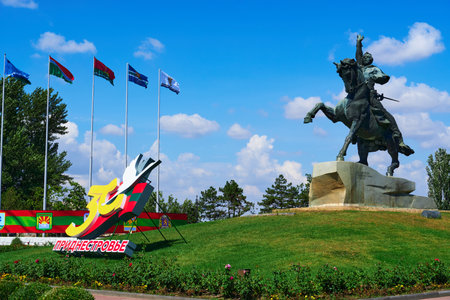 Tiraspol, Transnistria, Moldova - August 25, 2020: downtown, celebratory installation dedicated to the 30th anniversary of independence near the monument to Commander Suvorovのeditorial素材