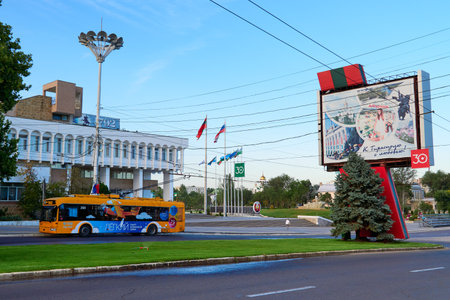Tiraspol, Transnistria, Moldova - August 25, 2020: downtown of the city, the road through central square and urban environmentのeditorial素材