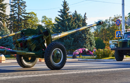 Tiraspol, Transnistria - September 2, 2020: military parade dedicated to the 30th anniversary of independence, ordered military equipment, tanks, guns and other weapons in the streetのeditorial素材