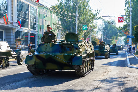 Tiraspol, Transnistria - September 2, 2020: military parade dedicated to the 30th anniversary of independence, ordered military equipment, tanks, guns and other weapons in the streetのeditorial素材