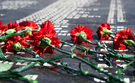 flowers on the memorial to fallen soldiers, red carnations on black marble, Russian text of soldiers military rank - sergeant,major, colonel,Lieutenant Colonel, private, corporalの写真素材