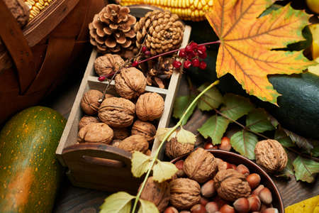 autumn still life in rustic style as a background - leaves, vegetables and fruits, nuts and other...