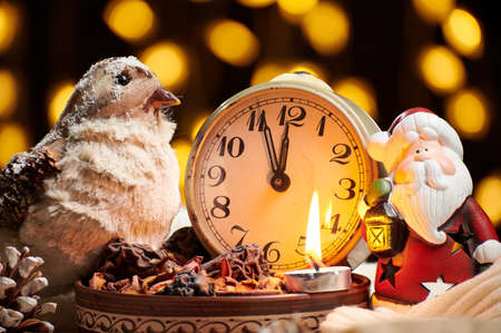 christmas decoration in rustic style and holiday lights background, still life on dark backdrop, a...