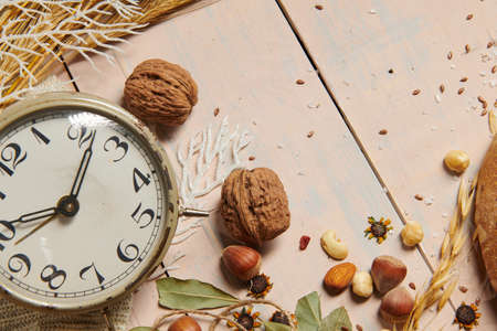christmas decoration in rustic style and holiday background, still life on wooden backdrop, bread,...