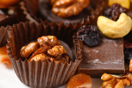 sweet food background for christmas or holiday decoration - chocolate candies, tangerines, nuts and dried fruits on white woodの写真素材