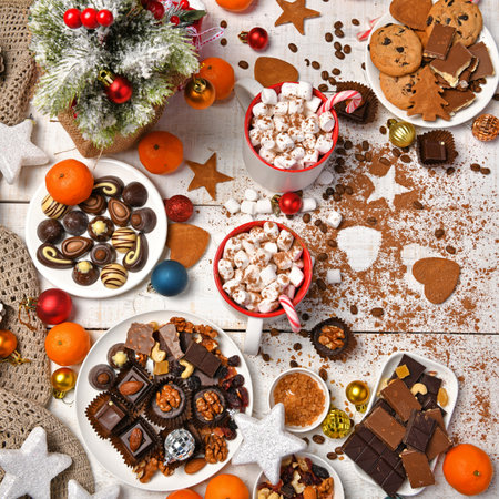 sweet food top view background for merry christmas or new year holiday decoration - chocolate candies, tangerines, cookies, marshmallow and cocoa latte on white woodの写真素材